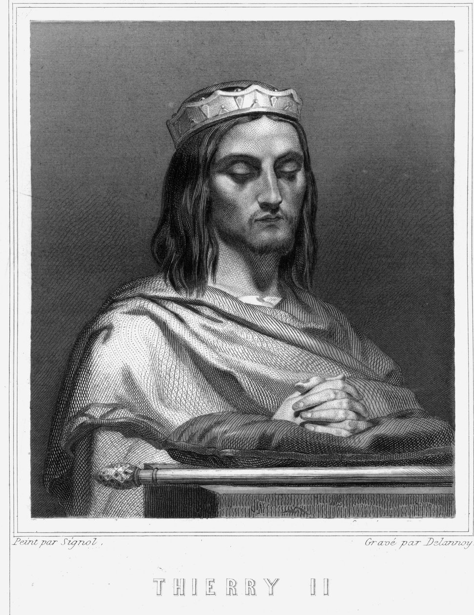 Retrato de Thierry II (? - 613), Rei de Borgonha e da Austrália - em "Histoire des Français" de Lavallée, gravura, sd. de Unknown artist