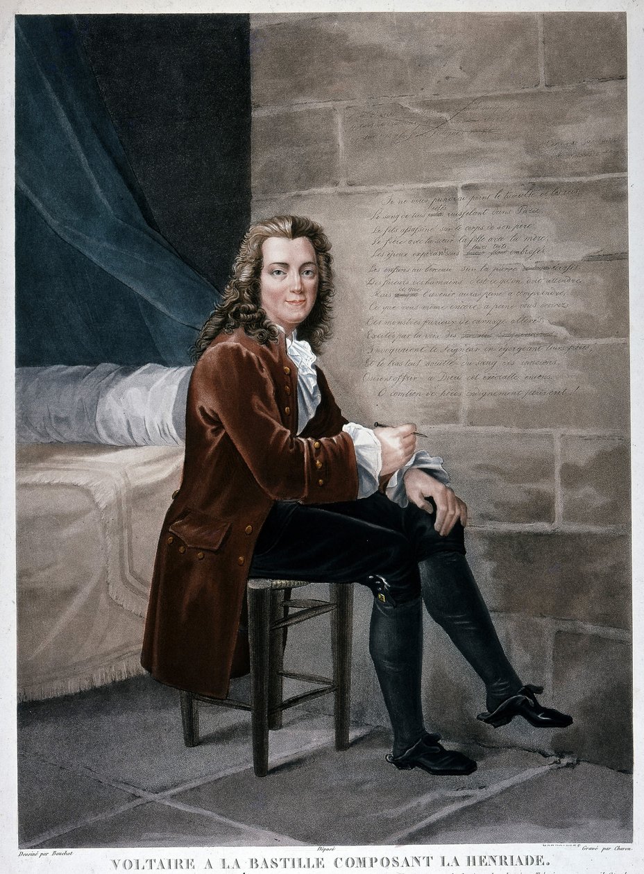 Retrato de Voltaire na Bastilha que compõe a Henriade. Gravura do século XIX. Carnaval de Musa. de Unknown artist