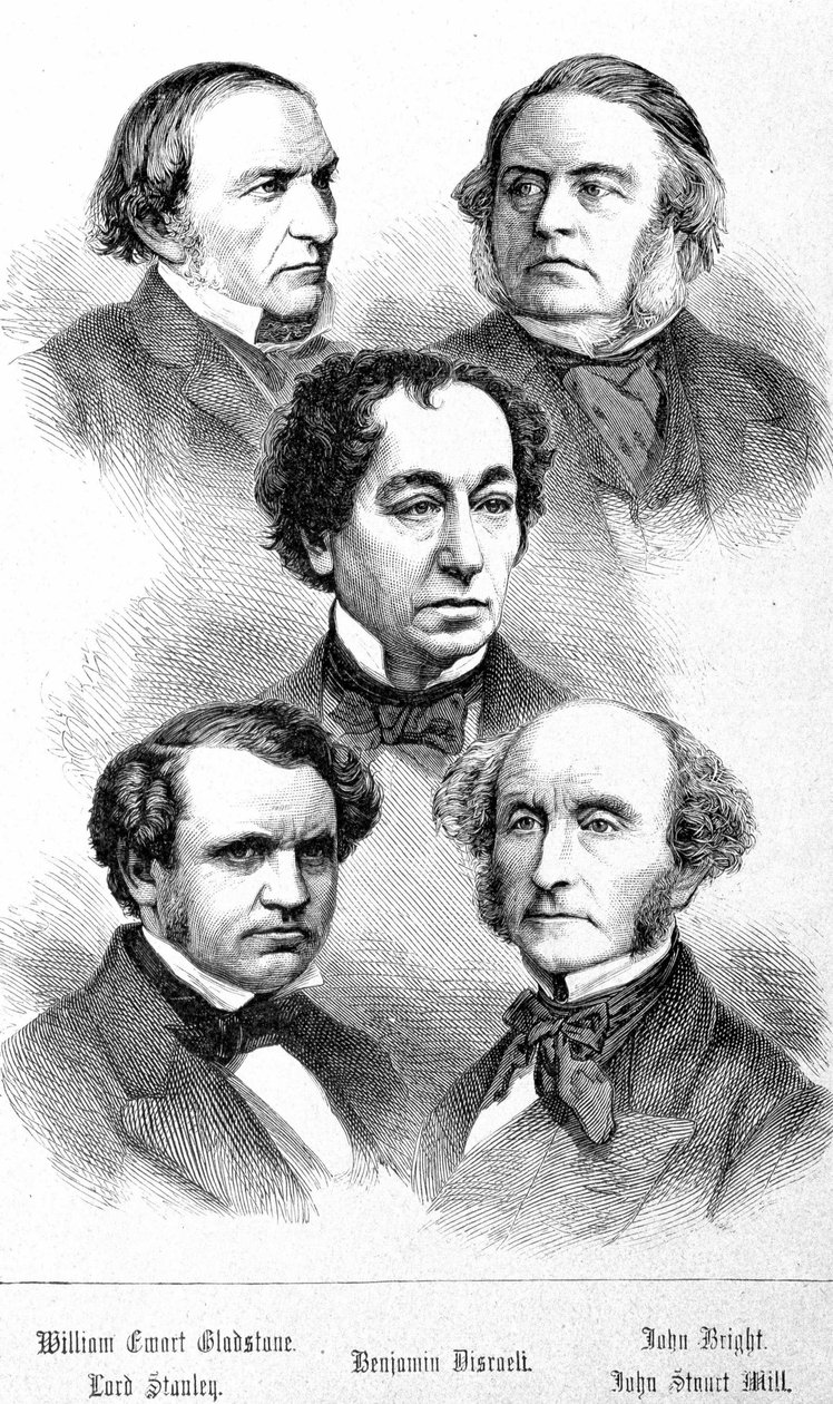 Retrato de William Ewart Gladstone, John Bright, Lord Stanley, John Stuart Mill e Benjamin Disraeli - em "The Contemporains", n.d. final do século XIX. de Unknown artist