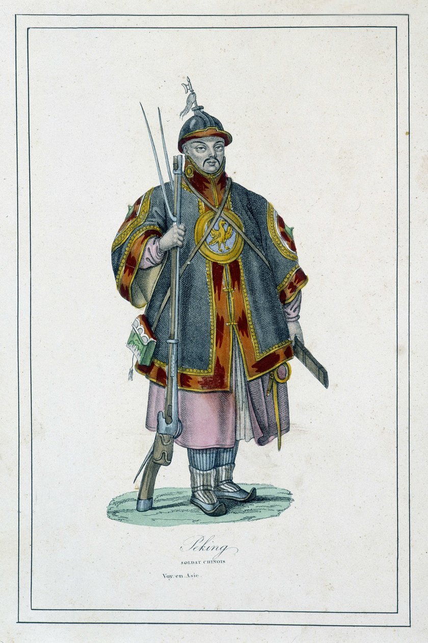 Retrato de um soldado chinês de armadura - em "Os diferentes povos da terra" de Abbé Jouhanneaud, Librairie des bons livres de Unknown artist