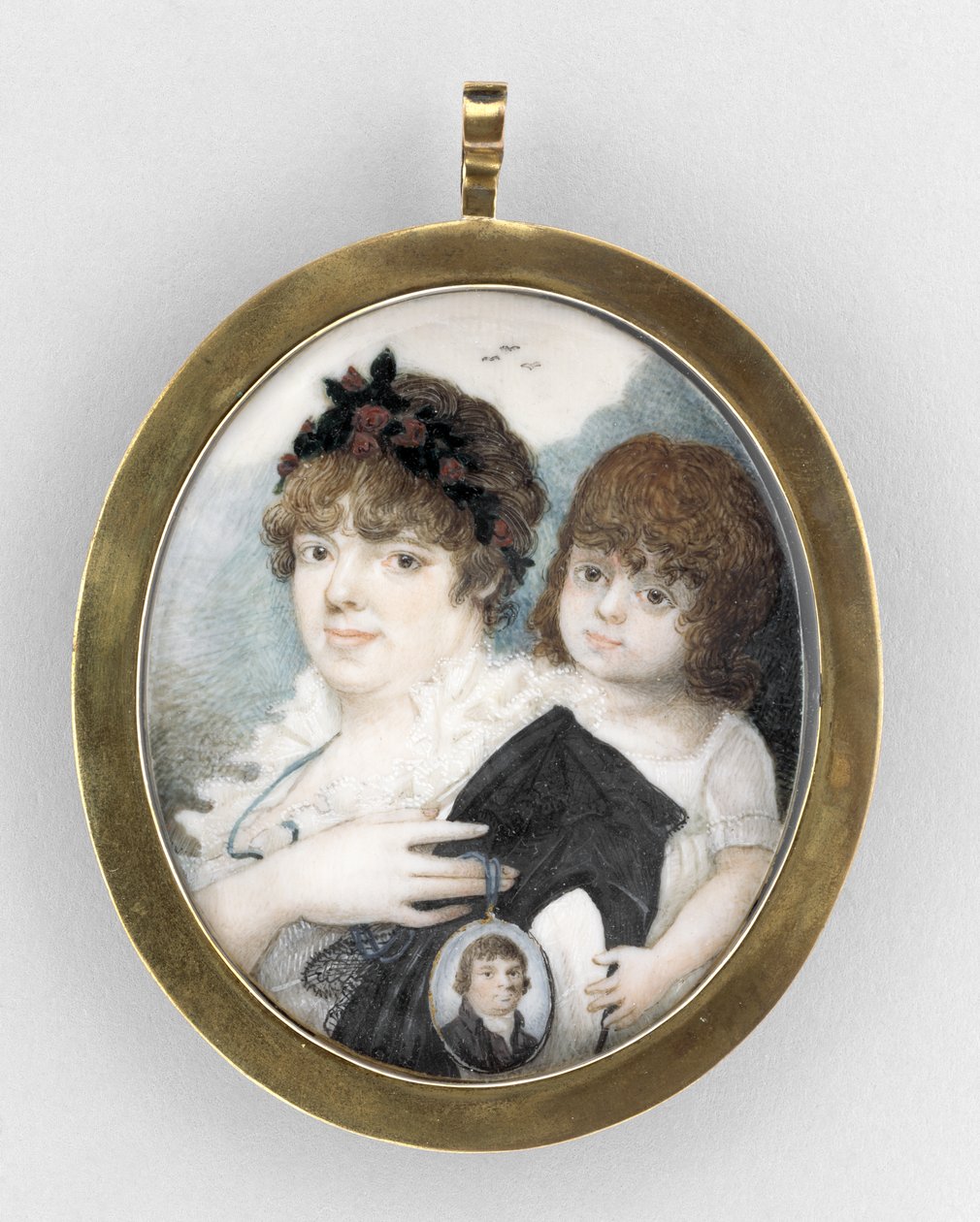 Retrato de mãe e filho, c.1810-20 (aquarela sobre marfim, cobre dourado e vidro) de Unknown artist