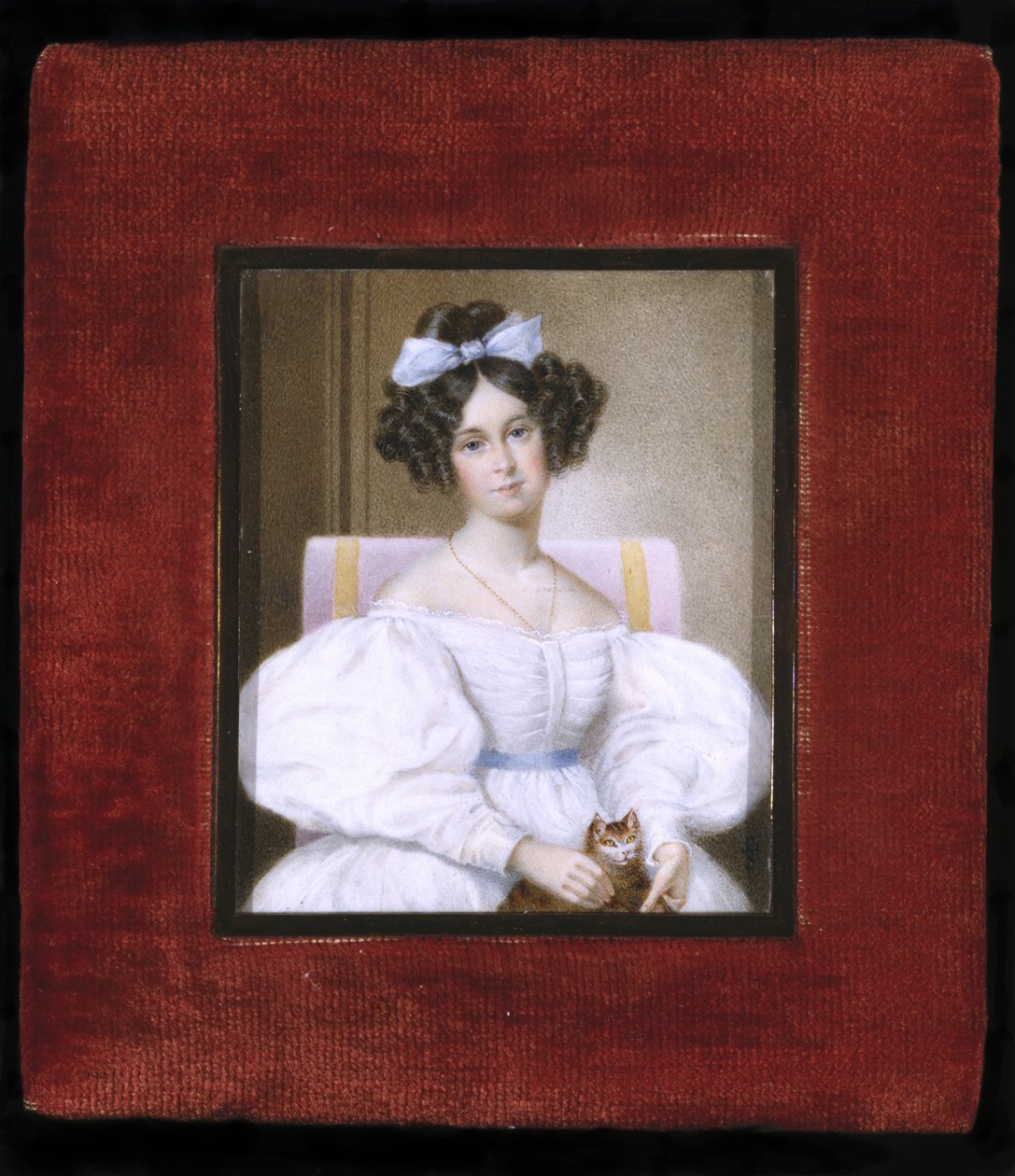 Retrato de mulher, c.1830 (aquarela sobre marfim, veludo e vidro) de Unknown artist