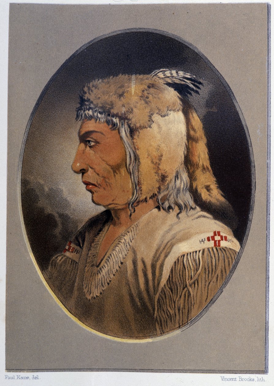 Retrato de um índio: Man-Ce-Muckt - in "Wandering of an artist among the indians of north america" de Paul Kane, Longmans & Roberts, Londres de Unknown artist