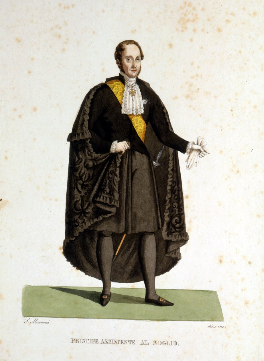 Retrato de um príncipe auxiliar da Santa Sé que serviu durante as cerimônias e visitas. Gravura do século XIX. de Unknown artist