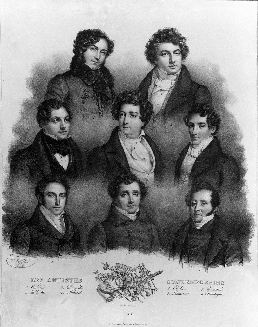 Retrato de diferentes cantores de ópera: 1 Giovanni Battista Rubini (1794-1854) 2 Luigi Lablache (1794-1858) 3 Domenico Donzelli (1790-1873) 4 Adolphe Nourrit (1802-1839) 5 Choblet; 6 Nicolas prosper Levasseur (Le Vasseur) (1791-1871) 7 Louis Antoine Ponch de Unknown artist