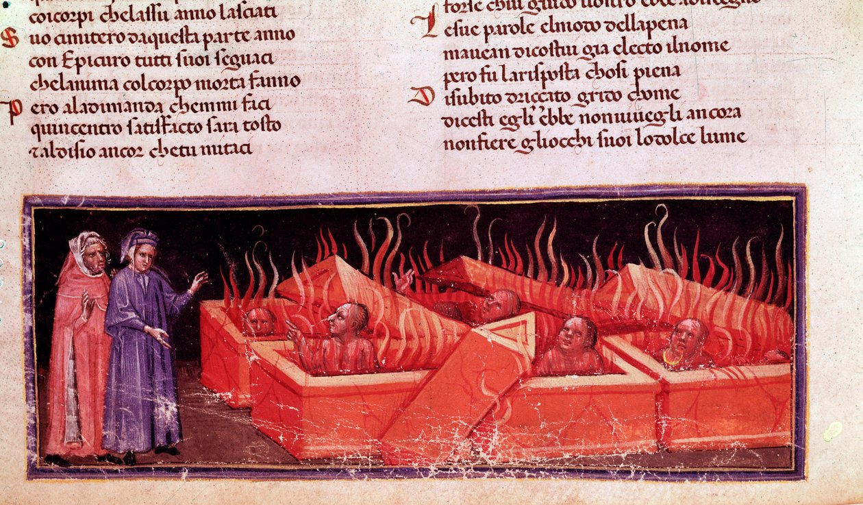 Retrato do poeta italiano Dante Alighieri entre os hereges Virgílio (canção X do Inferno, na Divina Comédia) - Miniatura de Unknown artist