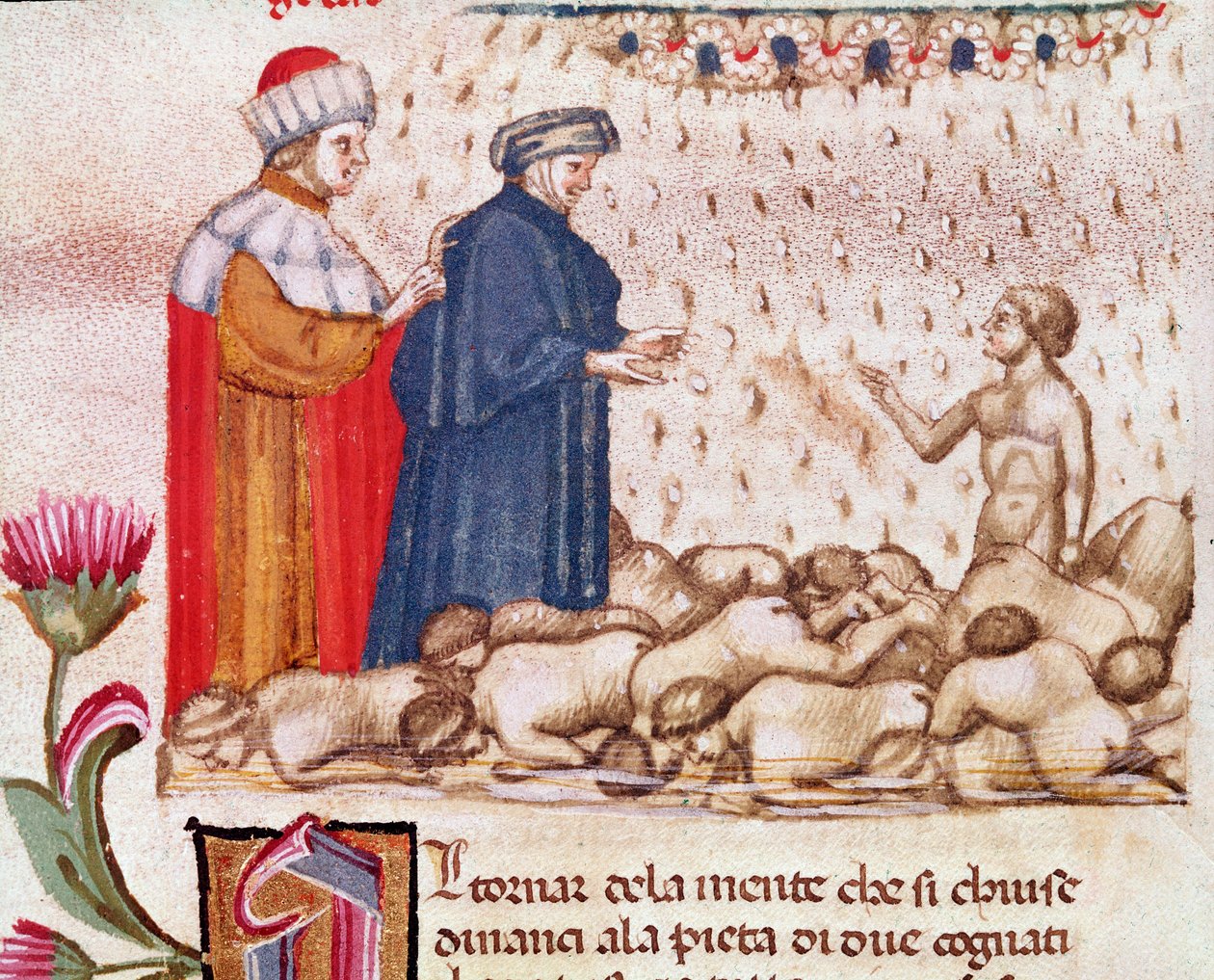 Retrato do poeta italiano Dante Alighieri no círculo da gula (canção 6 do Inferno, na Divina Comédia) - miniatura do século XV de Unknown artist