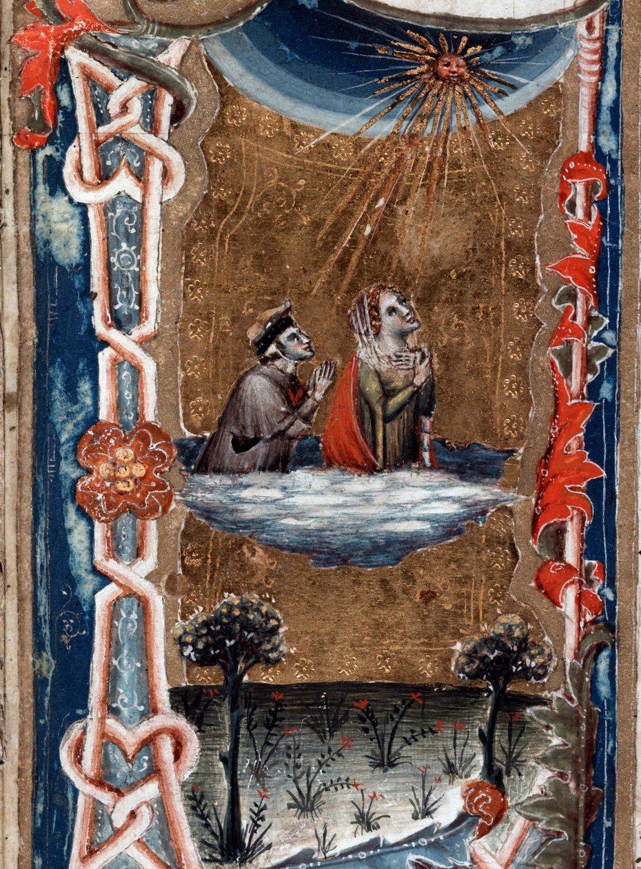 Retrato do poeta italiano Dante Alighieri com Beatrice, na Divina Comédia - miniatura de Unknown artist