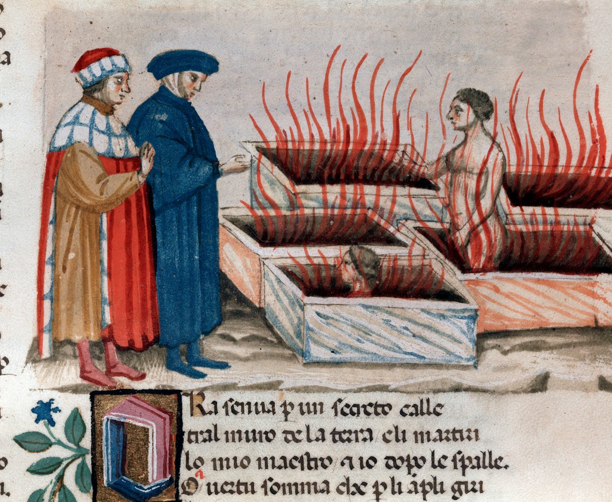 Retrato do poeta italiano Dante Alighieri com Virgílio entre os hereges como Farinata degli Uberti (canção 10 do Inferno, na Divina Comédia) - miniatura do século XV de Unknown artist