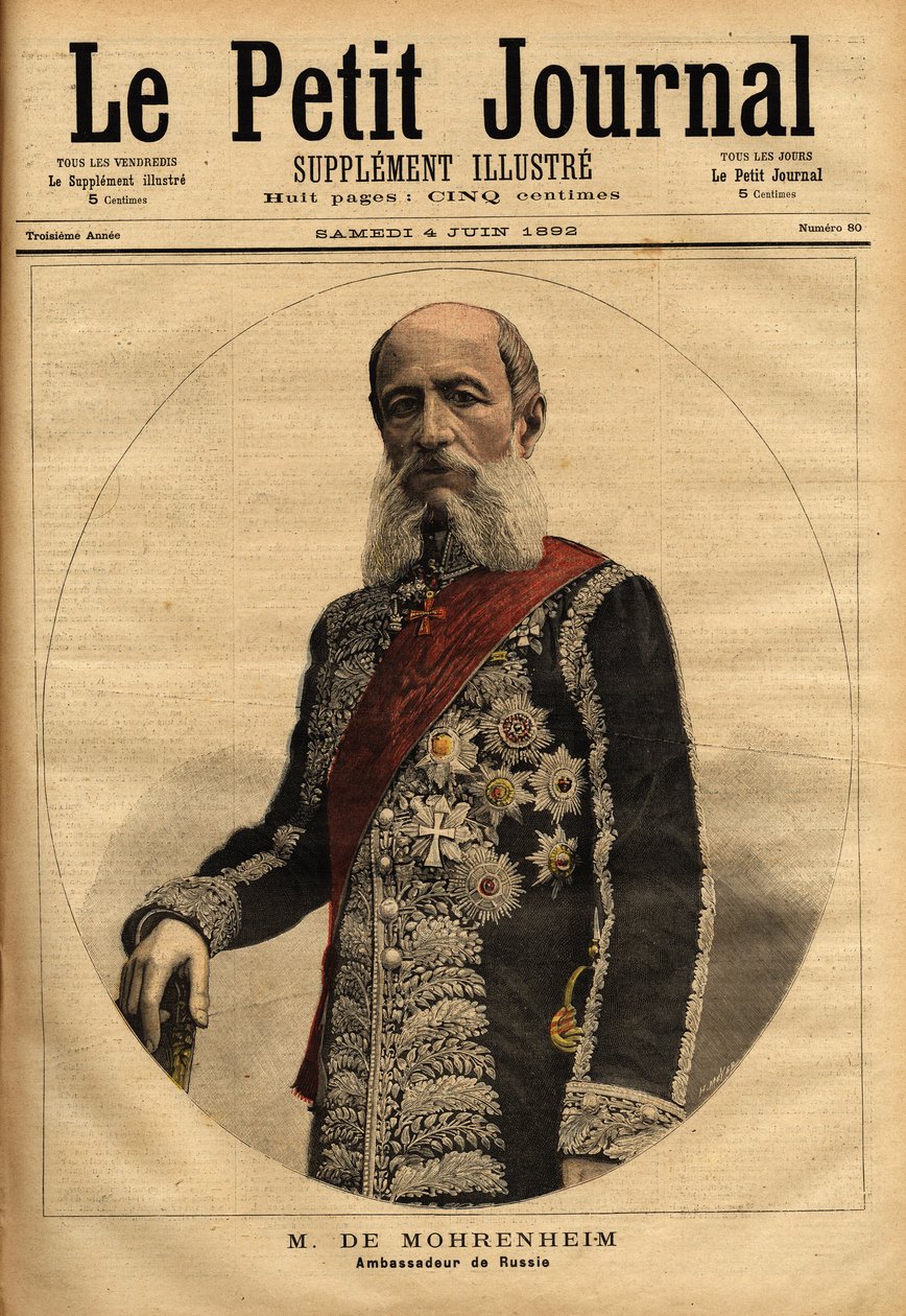 Retrato do Barão de Mohrenheim, embaixador russo em França de 1884 a 1898. Gravura no "Le petit journal" 4/06/1892. Coleção da Selva. de Unknown artist