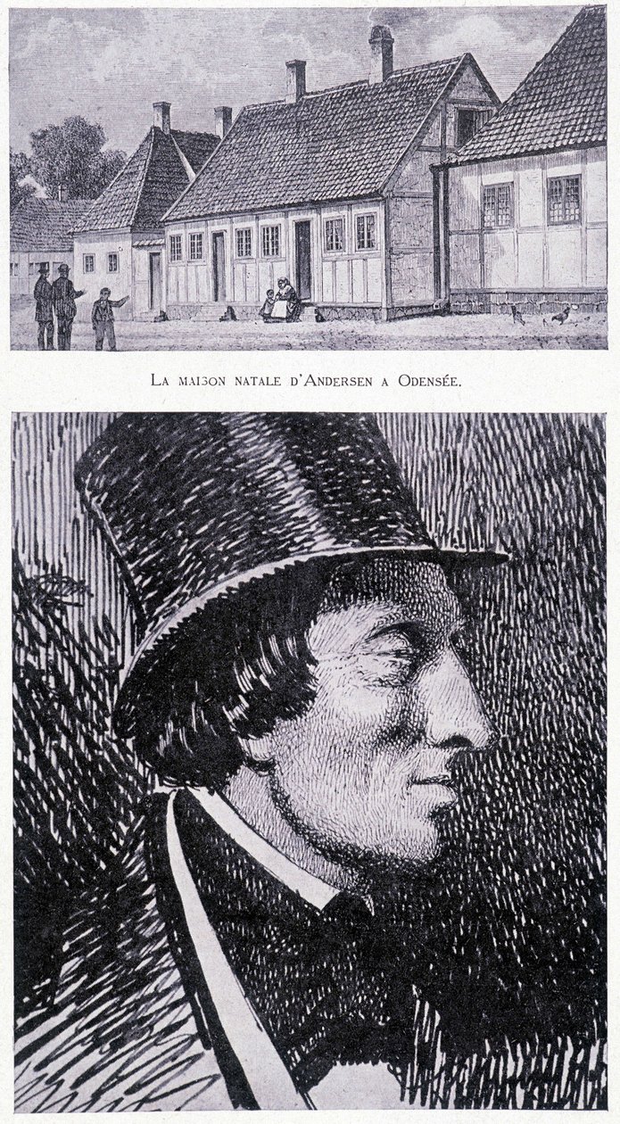 Retrato do escritor dinamarquês Hans Andersen (1805 - 1875) e da sua casa em Odensee, Dinamarca, cerca de 1832. de Unknown artist