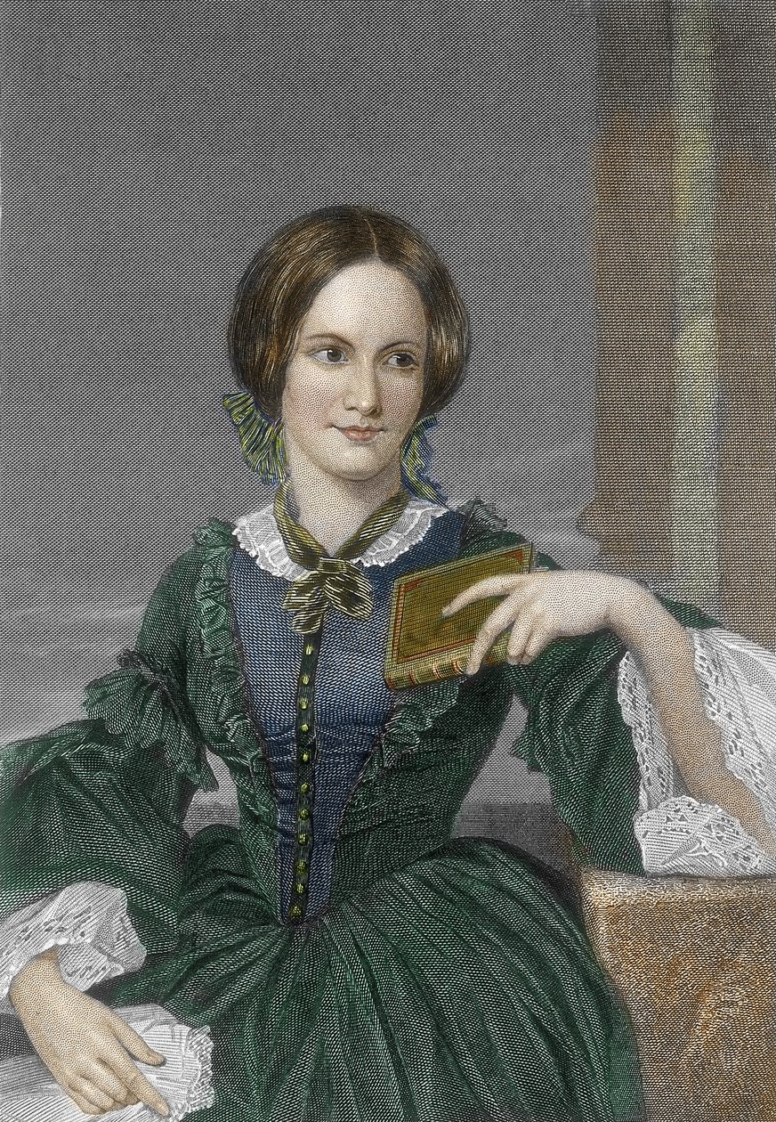Retrato da romancista inglesa Charlotte Bronte (1816-1855) (Retrato da escritora inglesa Charlotte Bronte) Gravura da colecção privada do século XIX de Unknown artist