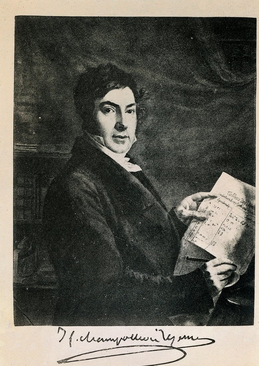 Retrato do egiptólogo francês Jean Francois (Jean-Francois) Champollion (1790-1832). Gravura do século XIX de Unknown artist