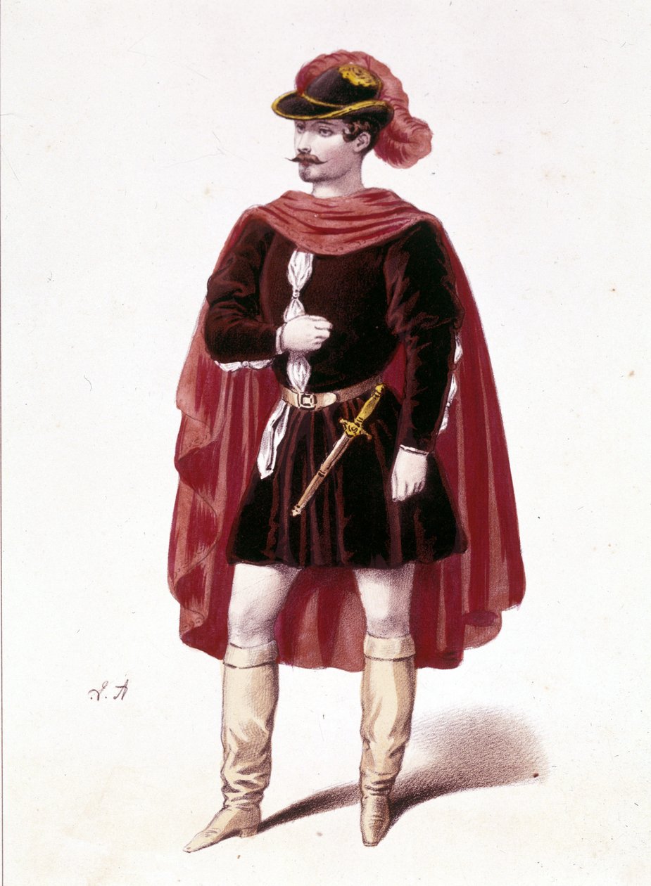 Retrato do tenor francês Louis Gueymard (1822 - 1880) no papel de Henri no primeiro ato de "I vespri siciliani" (O véu siciliano) de Giuseppe Verdi de Unknown artist