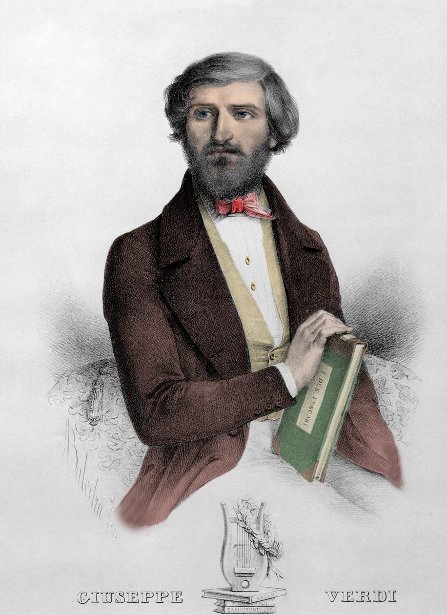 Retrato do compositor italiano Giuseppe Verdi (1813 - 1901) com a partitura para "i Due Foscari" Gravação de 1844. de Unknown artist