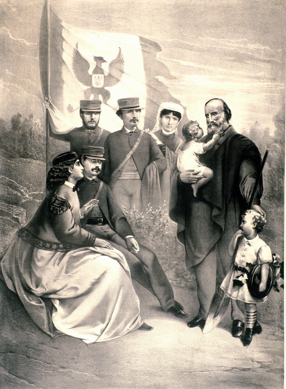 Retrato do patriota italiano e heróis do Risorgimento Giuseppe Garibaldi (1807-1882) rodeia seus filhos Menotti, Ricciotti Standing e Teresita, Francesca Armosino e o pequeno Manlio e Clelia. Ilustração por volta de 1870. Coleção Particular de Unknown artist