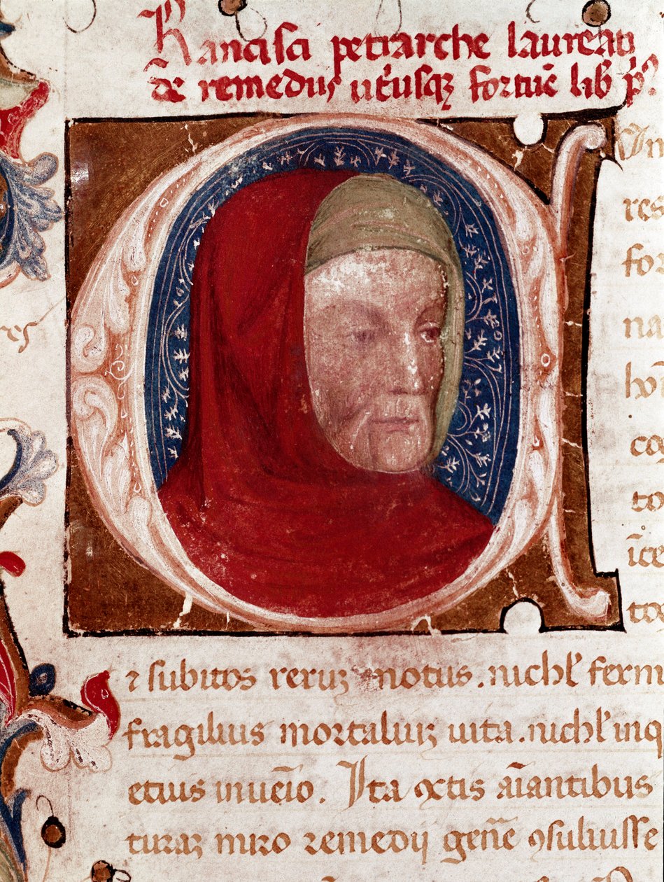 Retrato do poeta italiano Francesco Petrarca (Petrarque) (1304-1374) Detalhe. Página extraída do manuscrito "Les remedes aux deux fortunes" (De remediis Utriusque Fortunae), de Petrarca. 1360-1366 Veneza, Biblioteca marciana de Unknown artist