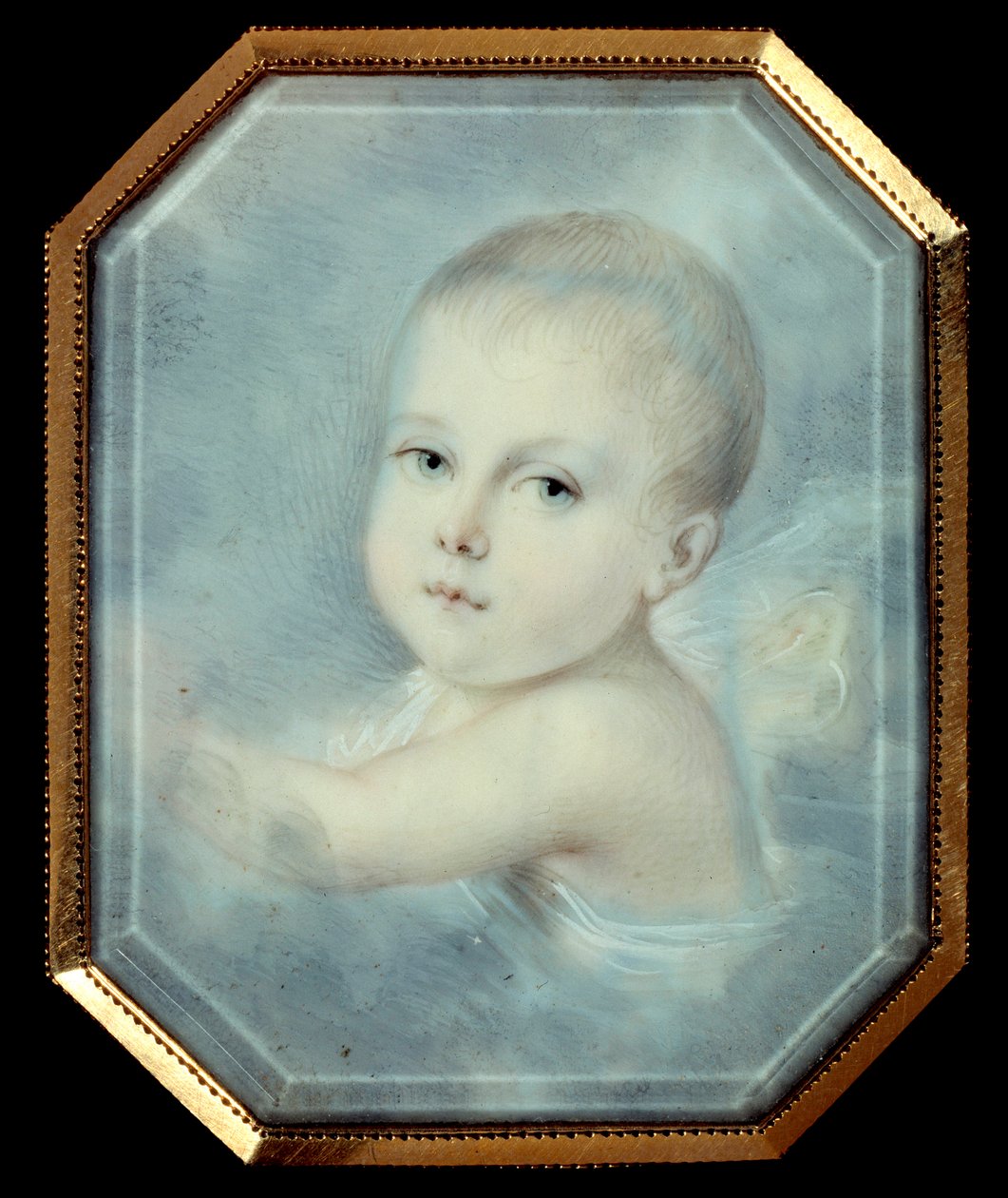 Retrato do Rei de Roma bebe (1811-1832), filho do Imperador Napoleão I (1769-1821) e do futuro Napoleão II. Medalhão octogonal anónimo do século XIX. Aquarela sob vidro. Paris, Musee De La Legion d