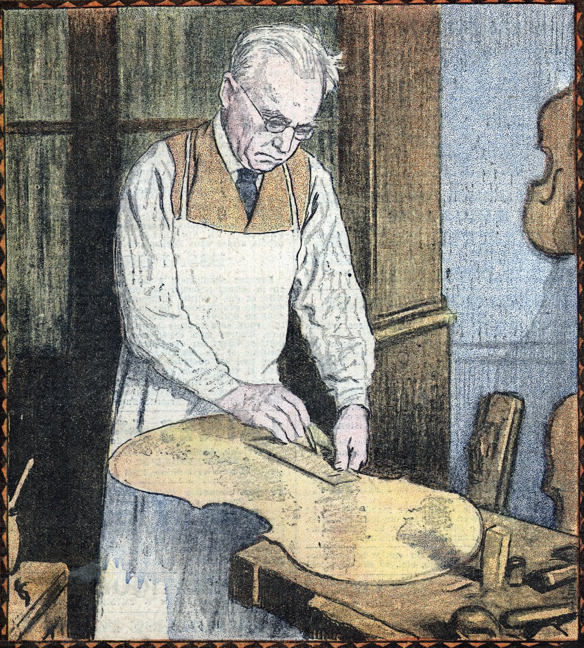 Retrato do mestre luthier Paul Kaul (1875-1951) (Retrato do fabricante de instrumentos Paul Kaul) Ilustração de "Le Pelerin", 1 de julho de 1934 Coleção particular de Unknown Artist