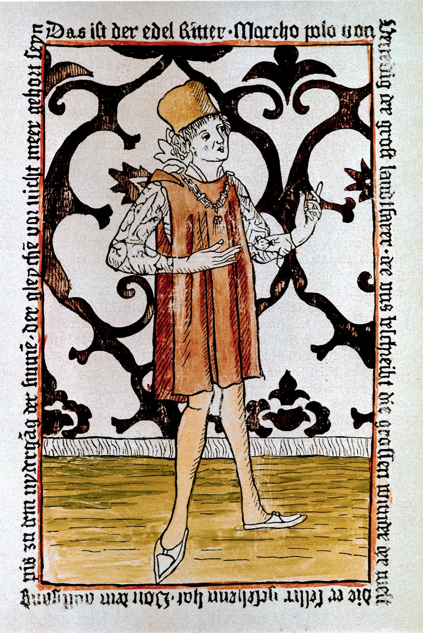 Retrato do explorador veneziano Marco Polo (1254-1324) Frontispício da primeira edição de "Il Milione: The Book of Merveillles" ("Devisement du monde") Nuremberga de Unknown artist