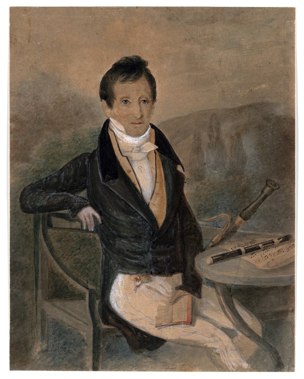 Retrato do flautista Jean-Louis Tulou (1786-1865) par Anónimo, c. 1840 - Aguarela e cor branca sobre papel, 20,6x16,2 - Colecção Particular de Unknown artist