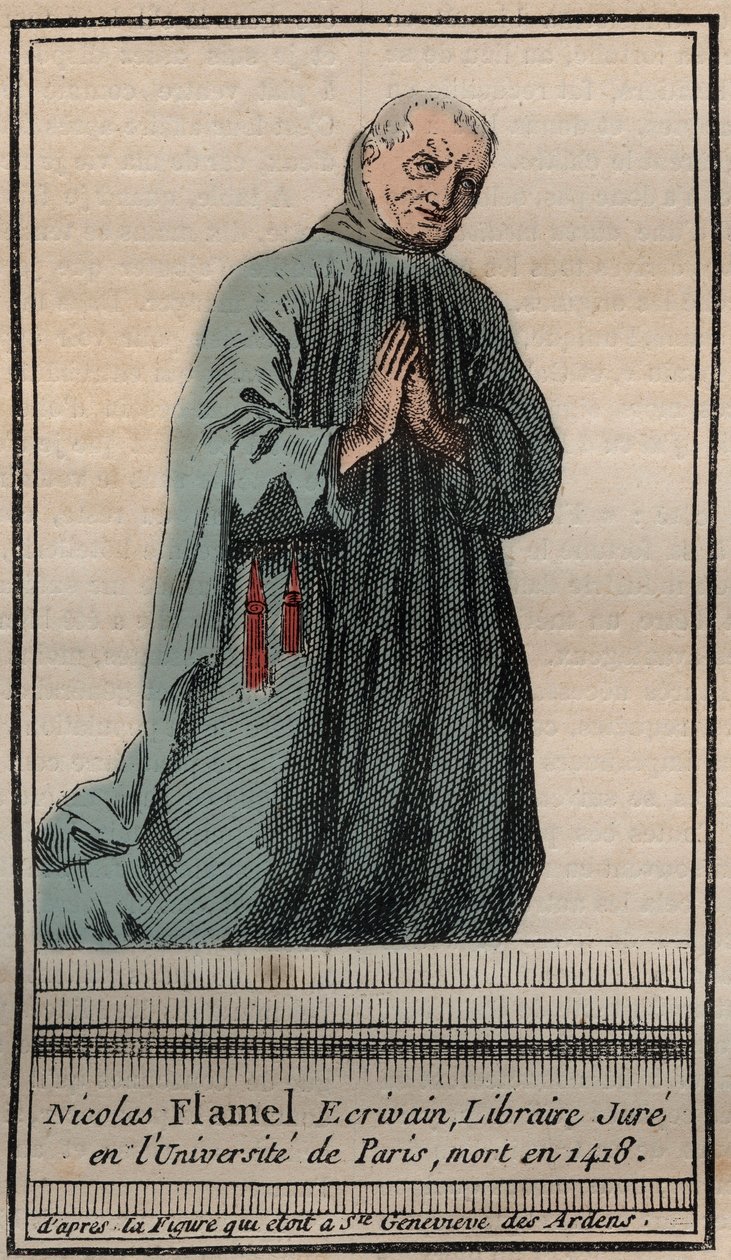Retrato do alquimista francês Nicolas Flamel (1330-1418) - Gravura - Retrato do alquimista inglês Nicolas Flamel - Gravura Colecção privada de Unknown artist