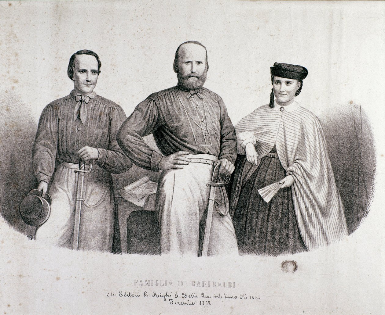 Retrato do patriota e heróis do Risorgimento Giuseppe Garibaldi (1807-1882) entre Teresita, sua filha e sua esposa Stefano Canzio. Litografia de 1862 Coleção particular de Unknown artist