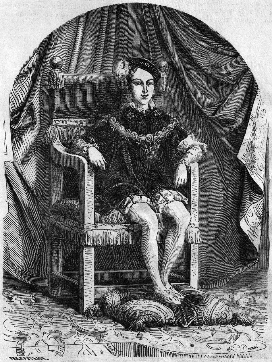 Retrato do jovem Rei Eduardo VI de Inglaterra e Irlanda (1537-1553), gravura do século XIX. de Unknown artist