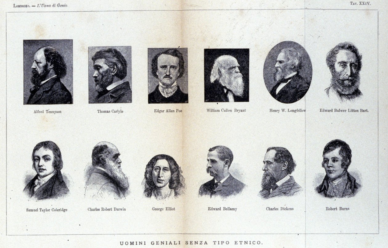 Retratos de diferentes homens de génio. Estudo publicado em "O Homem de Gênio" por Cesare Lombroso (1835-1909) de Unknown artist