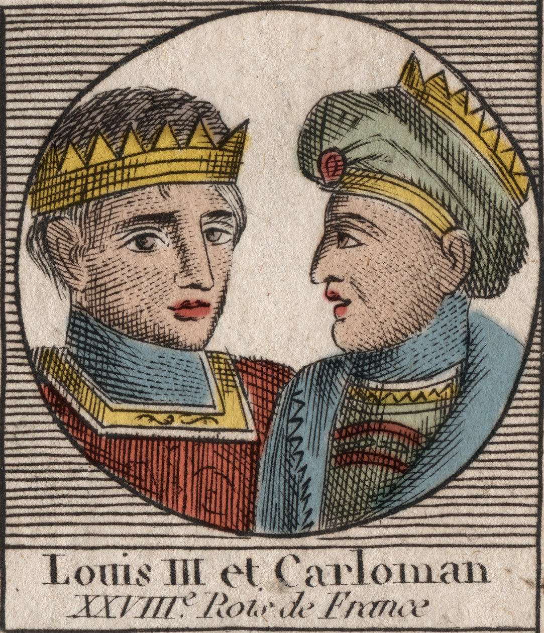 Retratos de Luís III (863/65-882) Rei dos Francos entre 879 e 882 e Carloman II (866-884), Rei dos Francos de 879 a 884 - Luís II rei da Francia Ocidental e Carloman II, rei da Francia Ocidental - gravura de "Instruction sur l