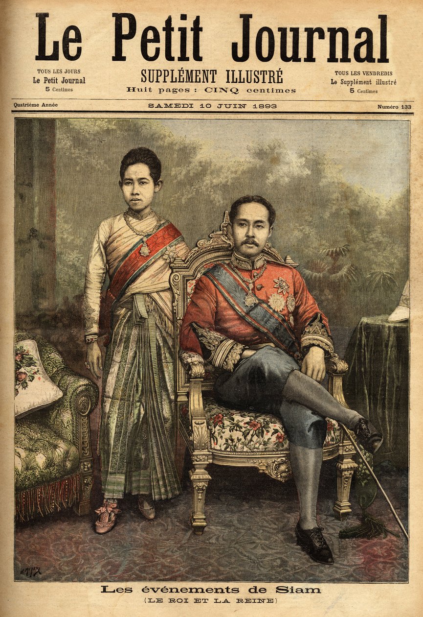 Retratos do rei do Sião, Rama V ou Chulalongkorn (1853-1910), monarca moderno e reformista da Tailândia, ele cede em 1893 parte de seus territórios do Camboja e Laos à França. Ele é acompanhado, neste retrato, por uma de suas 36 esposas oficiais. En de Unknown artist