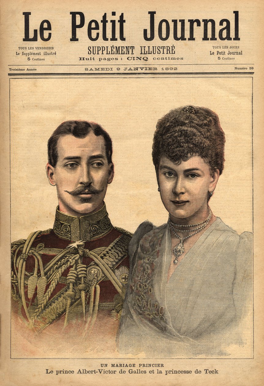 Retratos por ocasião do anúncio do seu casamento, do Príncipe Albert Victor, Duque de Clarence e Avondale com Mary of Teck, Le Petit Journal, 9/01/1892 de Unknown artist