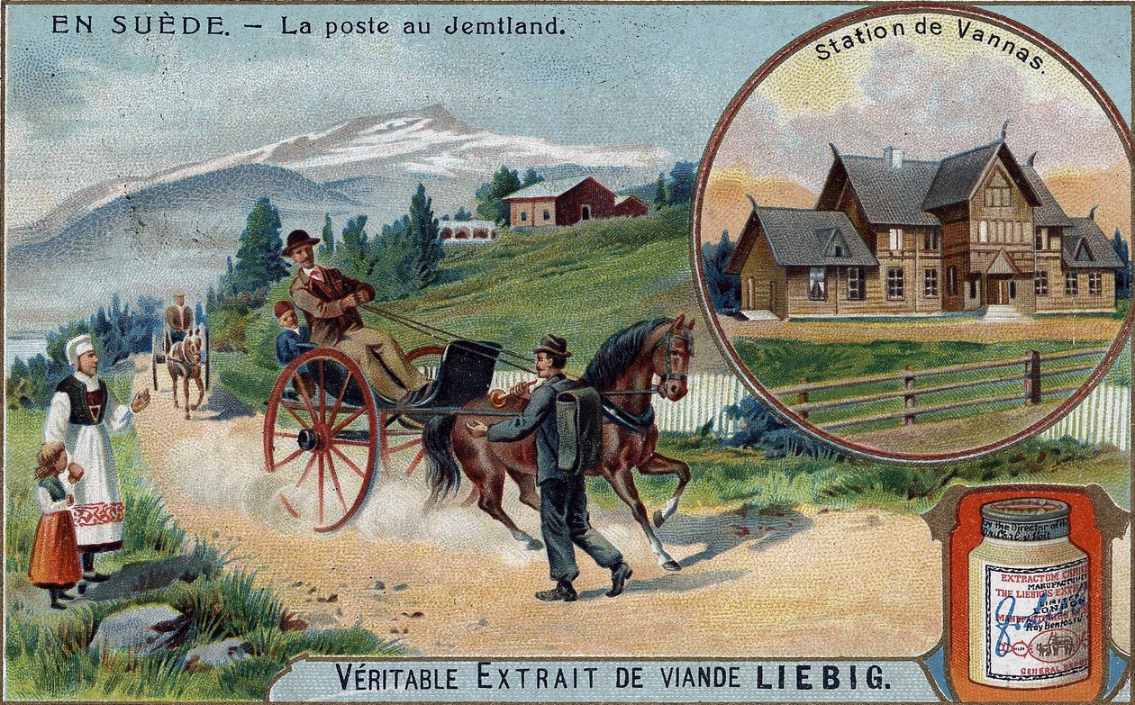 Correio e carteiro em Jemtland, Suécia. Cromolitografia, imagem de Liebig. de Unknown artist