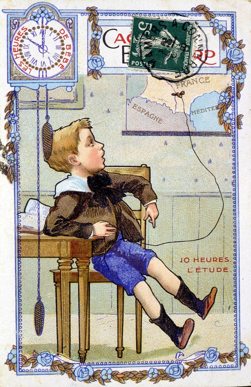 Cartão postal mostrando o curso do dia de uma criança. Às 10:00, a criança está na escola. de Unknown artist
