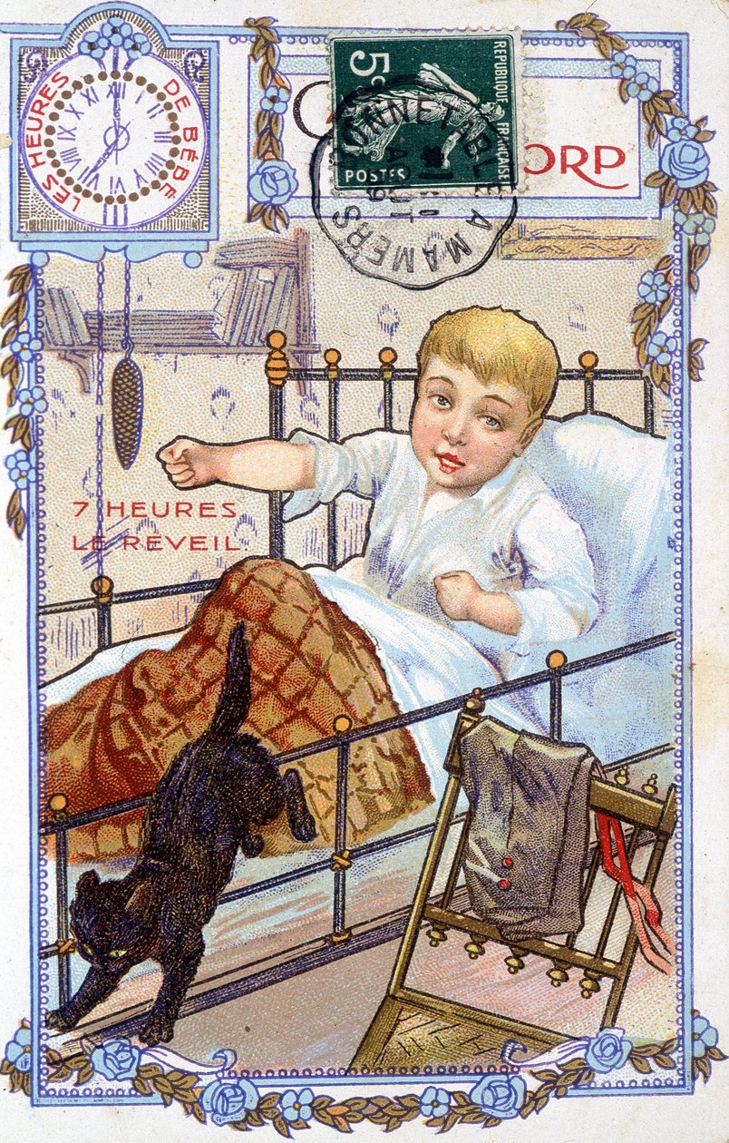 Cartão postal mostrando o curso do dia de uma criança. Às 7 horas, a criança acorda. de Unknown artist