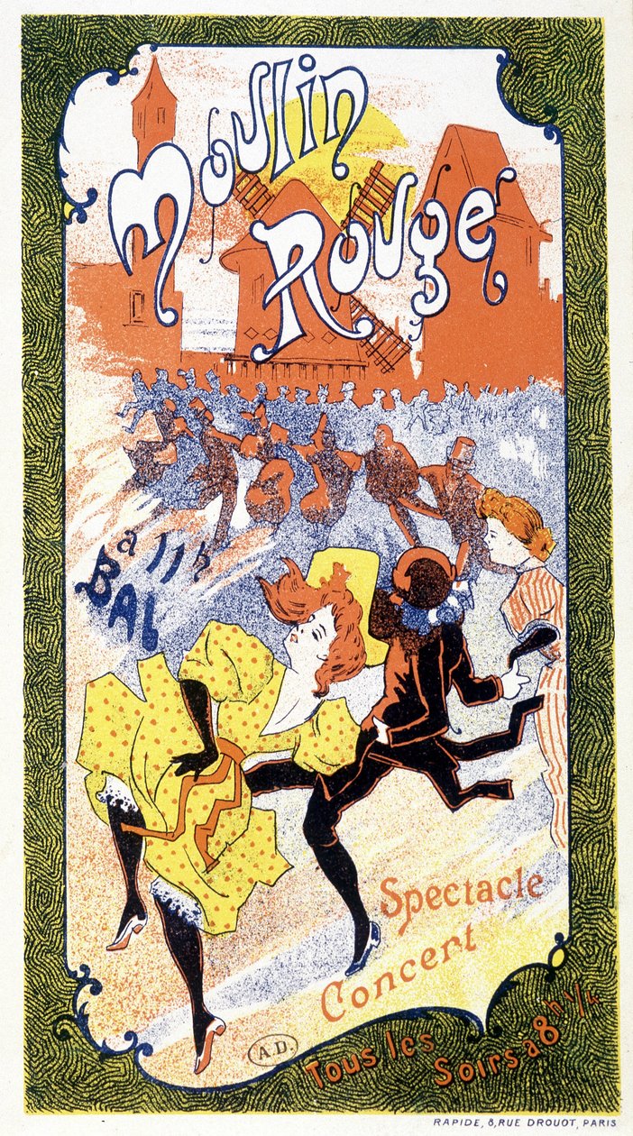 Cartaz anunciando os "Concertos" que acontecem todas as noites no Moulin Rouge, Paris de Unknown artist