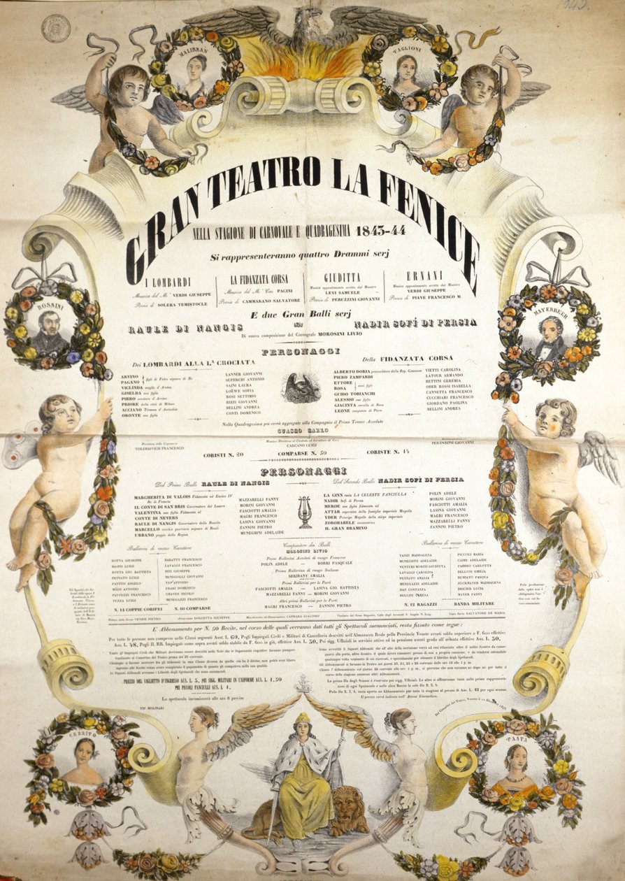 Poster para a apresentação da ópera "Aida" do compositor italiano Giuseppe Verdi (1813-1901) para a apresentação no teatro La Fenice em Veneza em 1843-1844. de Unknown artist