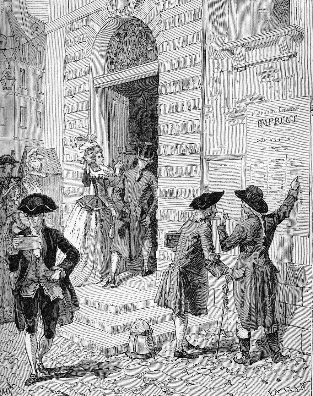 Cartaz posto em prática pelo ministro e controlador geral das finanças Charles Alexandre (Charles-Alexandre) de Calonne (1734-1802) e encorajando um empréstimo. Gravura do século XIX. Em "Histoire de France" de Jules Michelet de Unknown artist