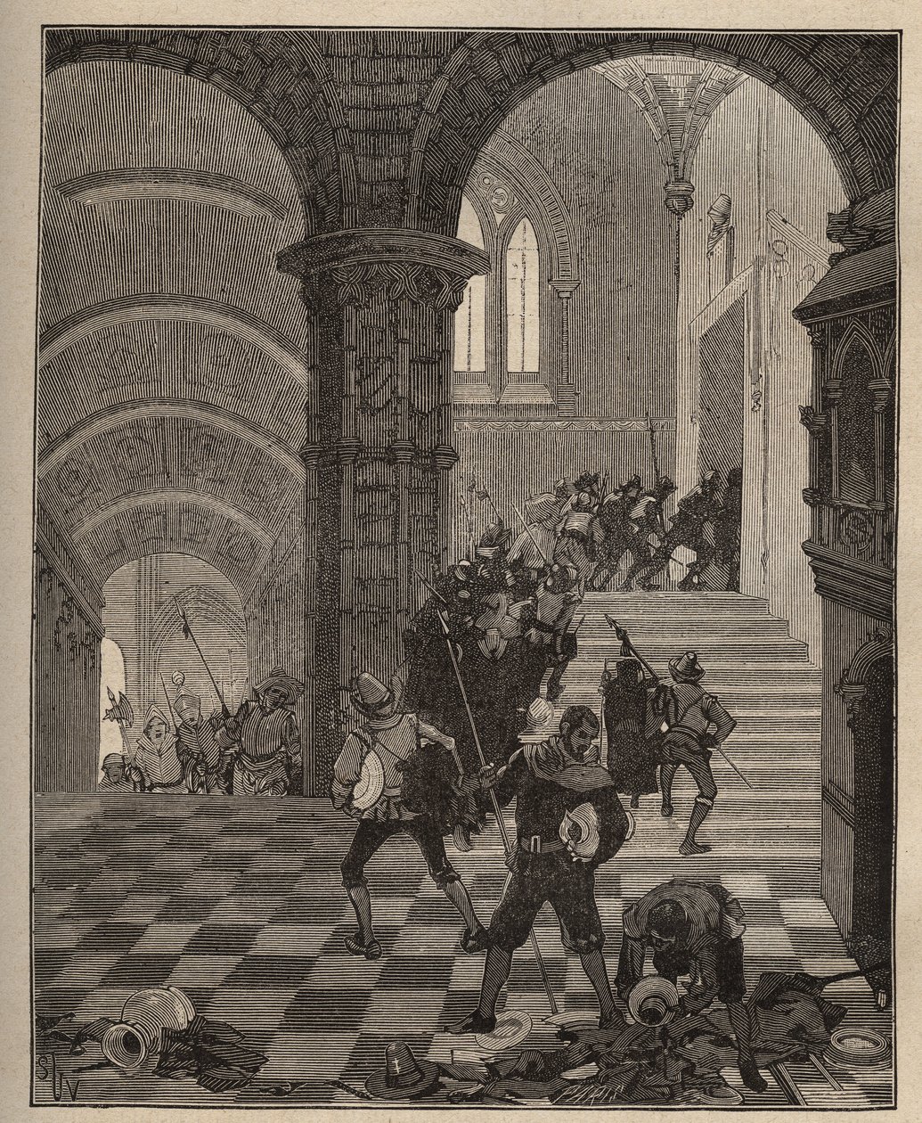Olaria: destruição da fábrica "Henri II" durante o saque do castelo de Oiron (Deux Sevres) em 1568, durante a Liga. Gravura de 1885 em "Les arts et metiers illustres" de Adolphe BITARD. de Unknown artist