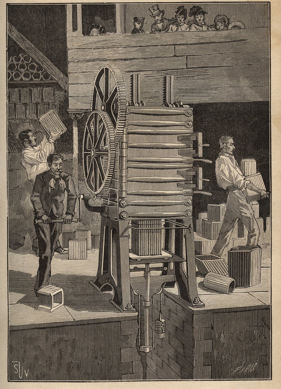 Olaria: moldagem mecânica de peças ocas. Gravura a partir de 1885 em "Les arts et metiers illustres" de Adolphe BITARD. de Unknown artist