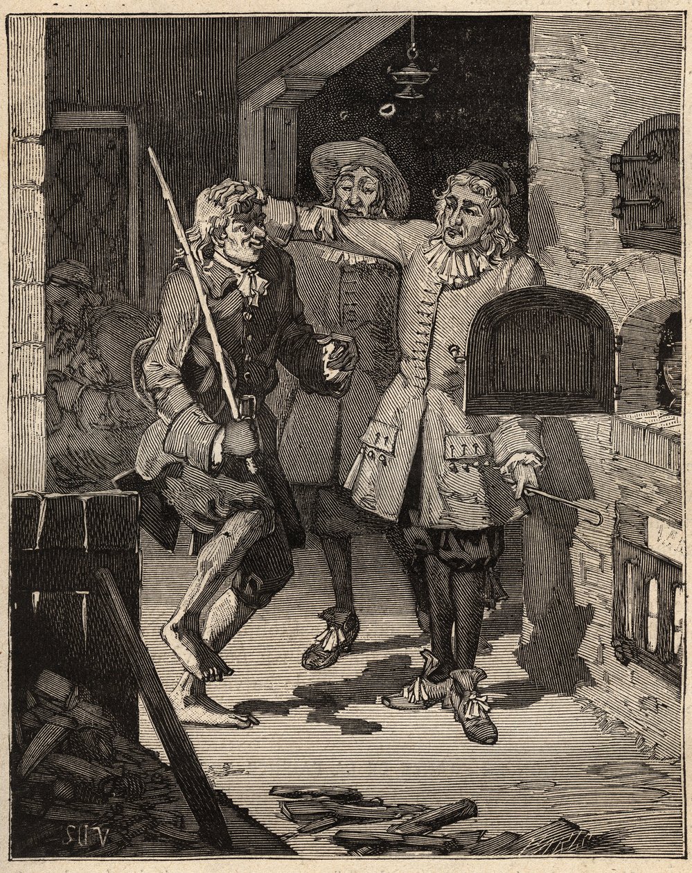 Olaria: terra para cachimbo (faiança fina). O inglês John Astbury (1688-1743) veio à casa dos irmãos John Philip e David Elers para lhes roubar o segredo da nova faiança branca. Gravura de 1885 em "Les arts et metiers illustres" de A de Unknown artist