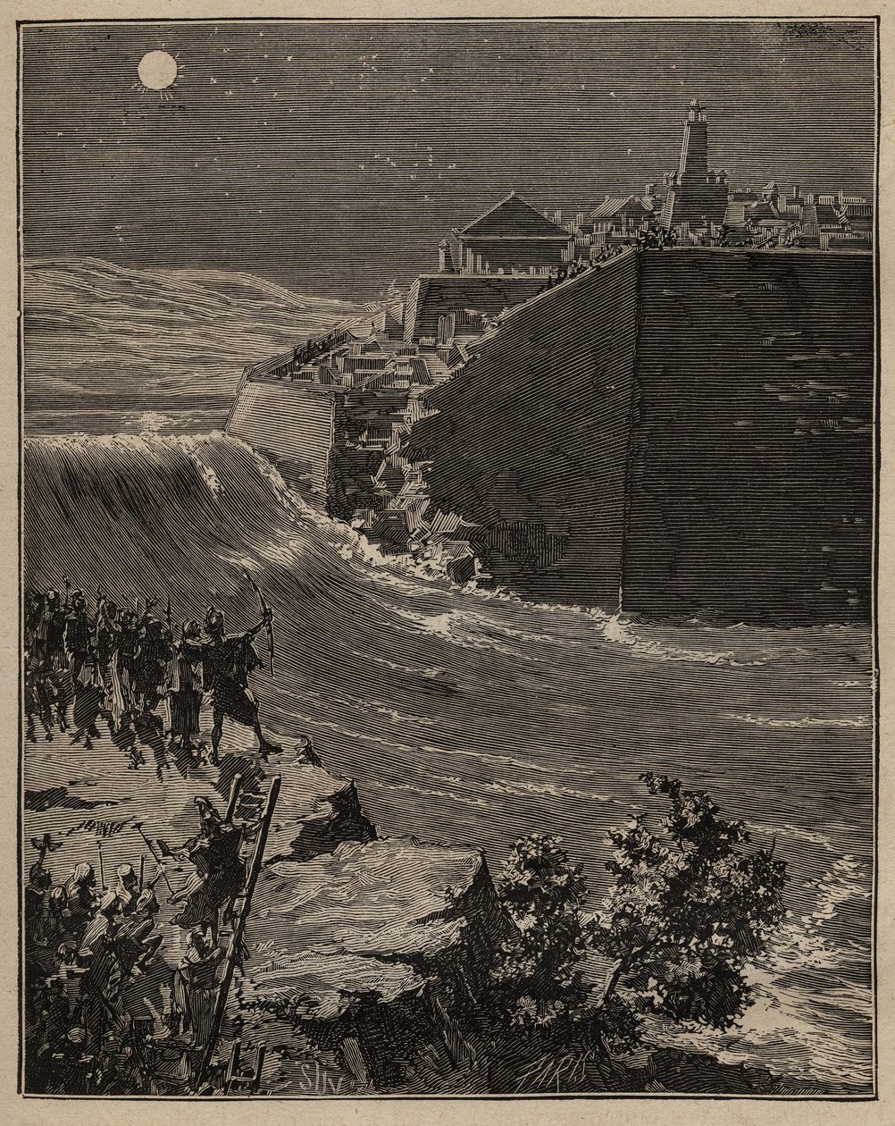 Olaria: tijolos crus na Grécia antiga. O exército de Pausanias (século V a.C.) faz um desvio do curso de um rio para destruir as paredes de tijolo cru que protegem a cidade de Mantinee. Gravura de 1885 em "Les arts et metiers illustres" de Adolphe BITARD. de Unknown artist