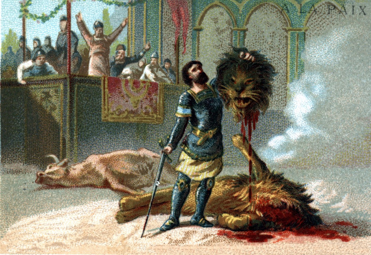 Pépin le Brief (715-768), Rei dos Francos, luta com um leão e um touro durante as festas dadas para celebrar a sua coroação em 751. de Unknown artist