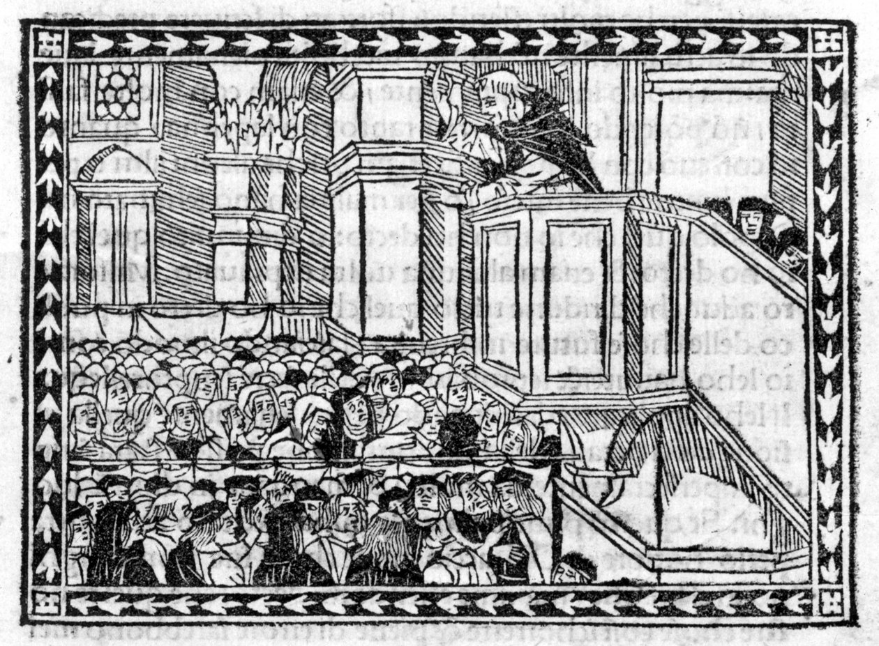 Pregação de G. Savonarola (Jerônimo Savonarola) (1452 - 1498) - no "Compêndio do Apocalipse", incunábulo de 23/4/1496. de Unknown artist
