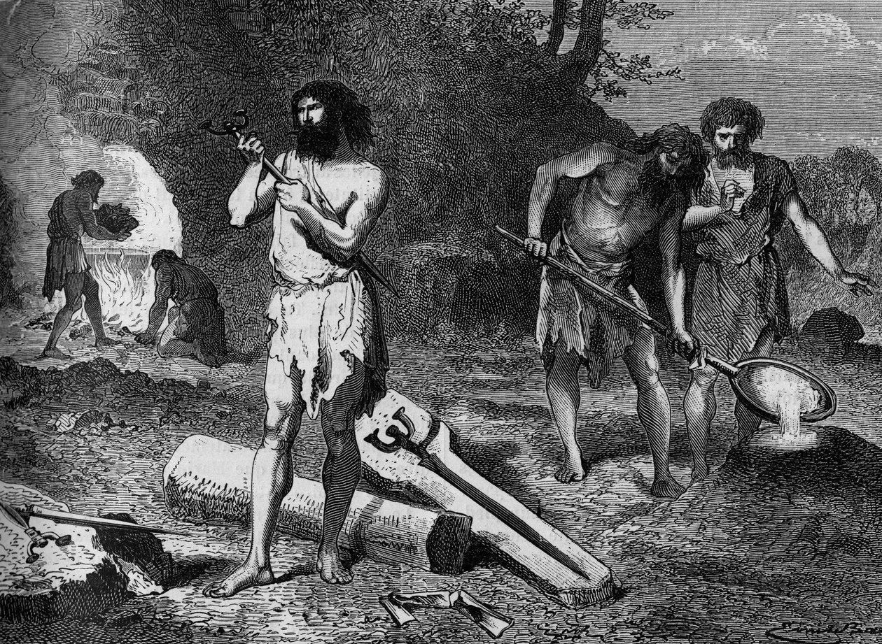 Prehistoire - os primeiros metalúrgicos da Idade do Bronze: fazer bronze. Gravura no "Le Journal de la jeunesse". de Unknown artist
