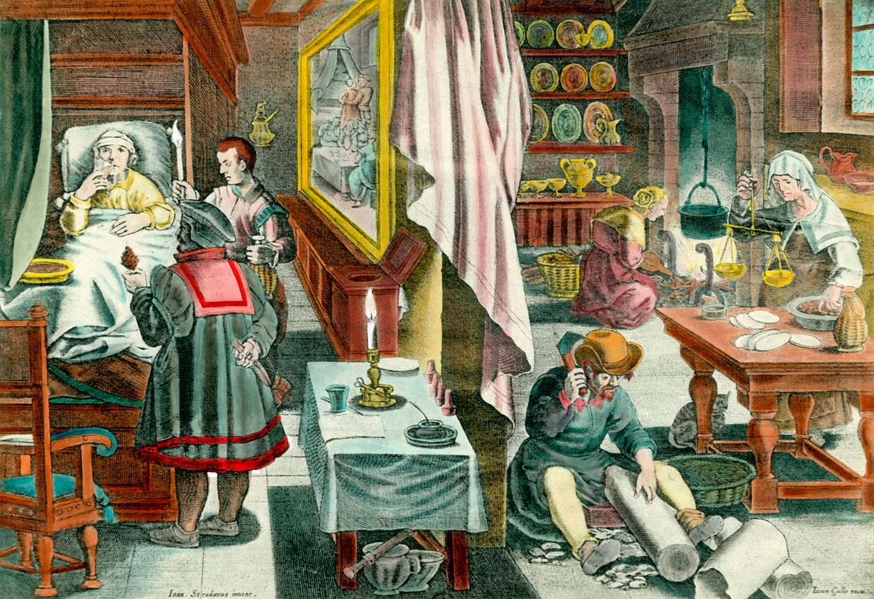 Preparação e administração de medicamentos à base de guano contra a doença venérea da sífilis" Gravura do século XVII. Paris. Academia de Medicina de Unknown artist