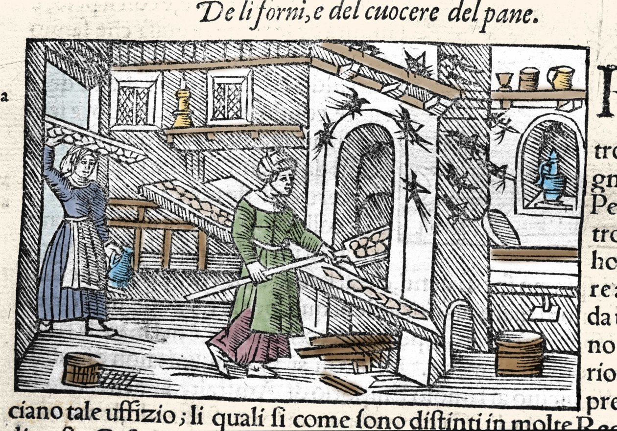 Preparação e cozimento do pão no forno. Gravura de Olaus Magnus (1490-1557), religioso e geógrafo sueco, "Historia de Gentis Septentrionalibus", Veneza de Unknown artist