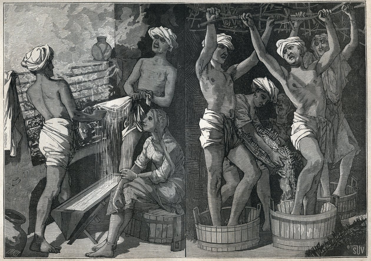 Preparação de verniz na Índia. Gravura a partir de 1885 em "Les arts et metiers illustres" de Adolphe BITARD. de Unknown artist