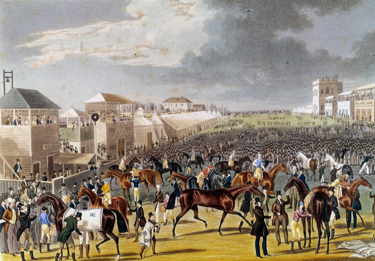Preparativos para uma corrida Epsom (Epsom Oaks: corrida de cavalos inglesa). Gravura da Colecção Privada do século XIX de Unknown artist