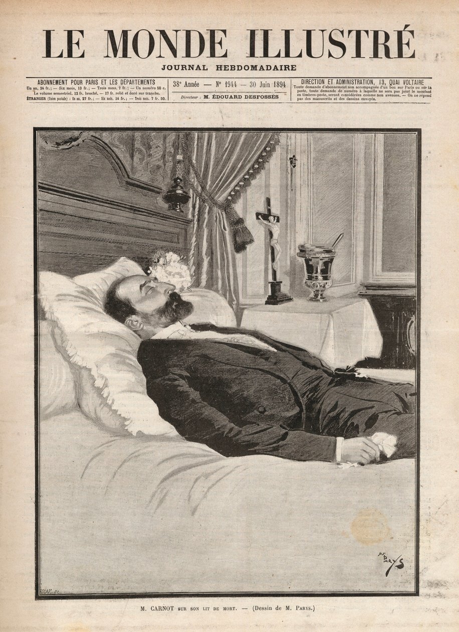 Presidente da República Sadi Carnot (1837-1894) no seu leito de morte, num contexto de agitação sindical e anarquista, foi assassinado a 24 de Junho na exposição de Lyon, por Sante Caserio (1873-1894) e mais tarde. Gravura em "Le monde illustrious" f de Unknown artist